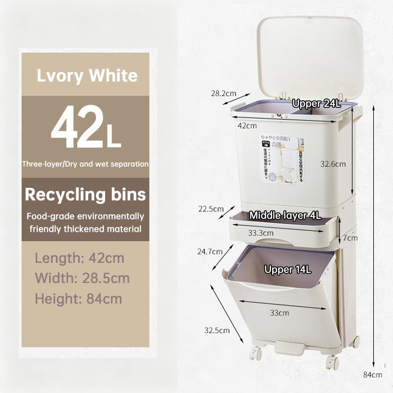 42L Kitchen Trash Can 3 Compartments with Pedal & Wheels, Recycling Bin