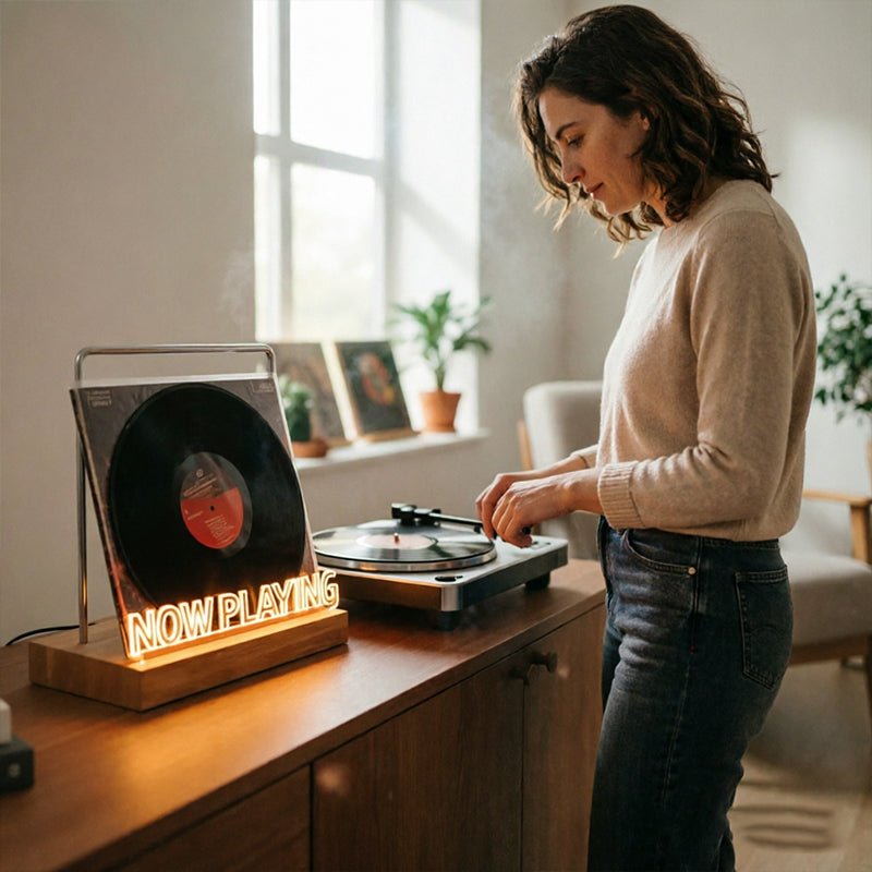 Wooden Vinyl Record Stand - Desktop Album Display & CD Rack for Home, Cafe, or Office Decor