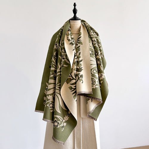 185x65cm Vintage Floral Faux Cashmere Scarf for Women, Thick Warm Neck Wrap