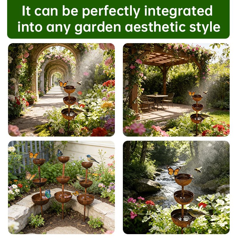 3-Tier Vintage Rustic Metal Bird Watering Station | 3-Tier Rusty Iron Garden Water Collector Feeder, Outdoor Garden Patio Decor